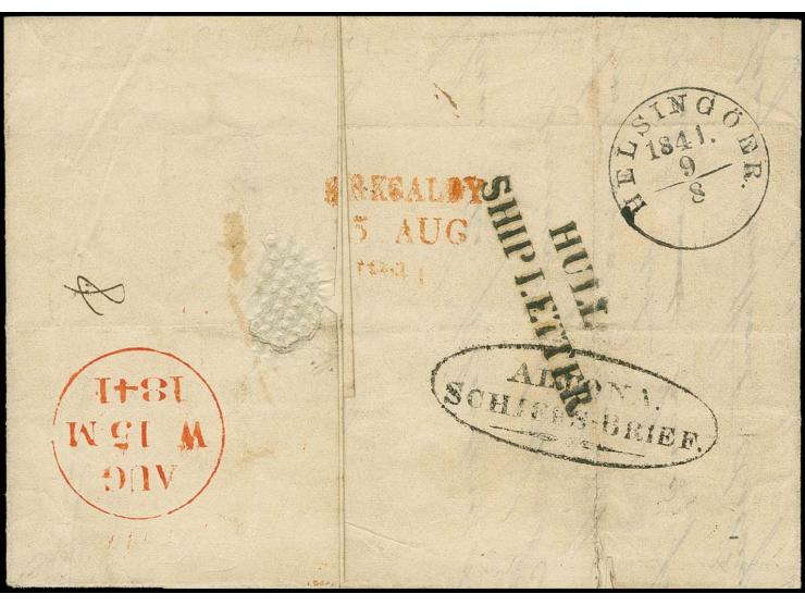 1841, "AUS ALTONA SCHIFFSBRIEF", schwarzer Zier-Ovalstempel rückseitig kpl. Faltbrief von "HELSINGÖER 9.8." nach Kirkcaldy, S