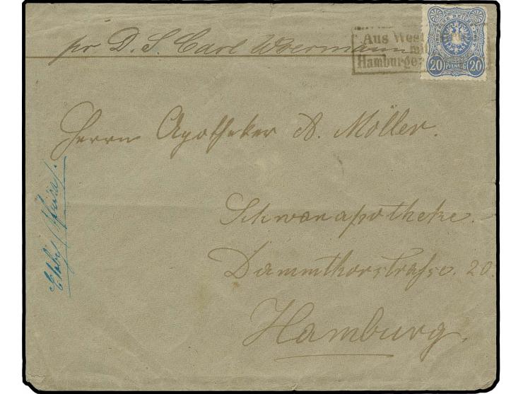 1886, "Aus West-Afrika mit Hamburger Dampfer", Ra3 recht klar auf Brief mit 20 Pfg. blau und hds. Aufgabevermerk "Eloby/Afrik