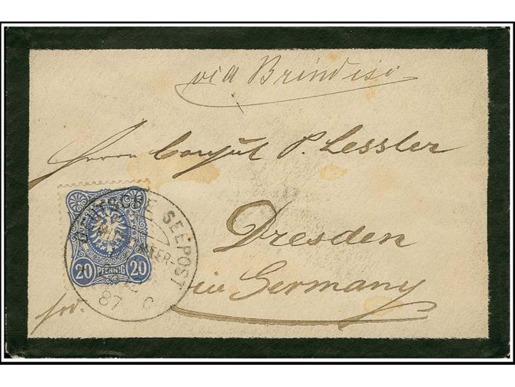 1887, "DSP MITTELMEER-LINIE c 27.12.87" (D. Stettin), klar als Entwerter auf Trauerbrief mit 20 Pfg. blau via Brindisi nach D