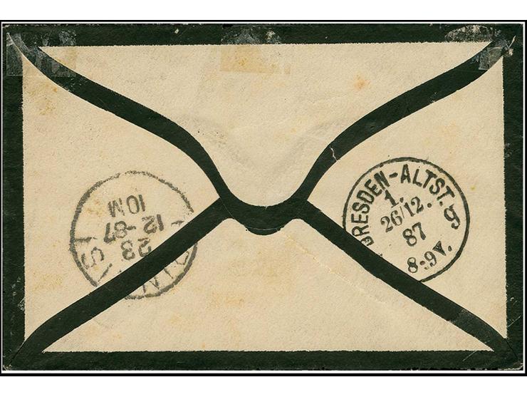 1887, "DSP MITTELMEER-LINIE c 27.12.87" (D. Stettin), klar als Entwerter auf Trauerbrief mit 20 Pfg. blau via Brindisi nach D