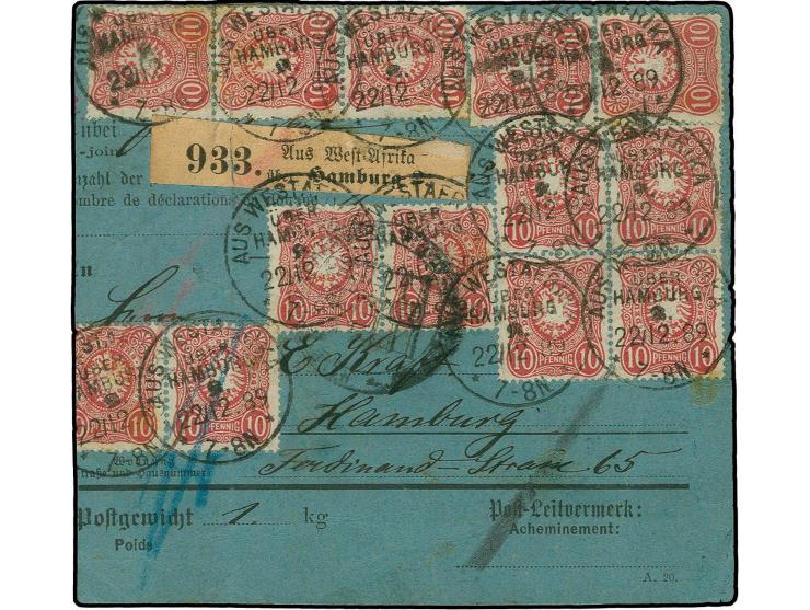 1889, "AUS WESTAFRIKA ÜBER HAMBURG 2 22.12.89", mehrfach klar abgeschlagen auf 13 Stück 10 Pfg.  auf links beschnittener Pake