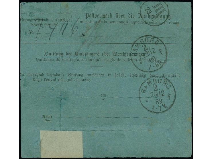 1889, "AUS WESTAFRIKA ÜBER HAMBURG 2 22.12.89", mehrfach klar abgeschlagen auf 13 Stück 10 Pfg.  auf links beschnittener Pake