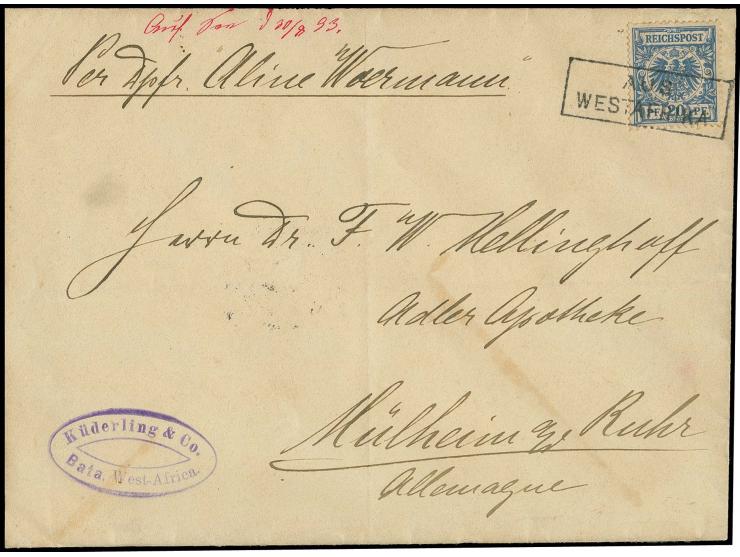 1893, "AUS WESTAFRIKA", Ra2 klar als Entwerter auf Brief mit Krone/Adler 20 Pfg. blau und hds. Aufgabevermerk vom 30.8.93 via