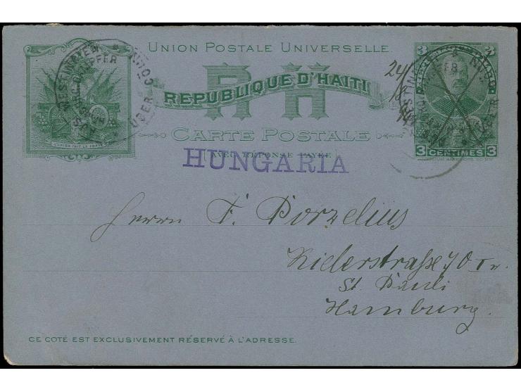 1894, "AUS WESTINDIEN P.HAMBURG DAMPFER ÜBER CÖLN", zweimal klar mit hds. Datierung 24.8.94  auf Haiti Frage-Ganzsachenkarte 