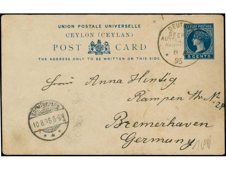 1895, "DSP AUSTRALISCHE HAUPTLINIE *a 8.8.95", recht klar als Entwerter auf Ceylon Ganzsachenkarte 5 C. mit Text nach Bremerh