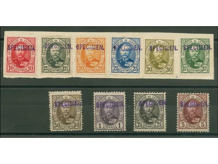10 c.-5 fr., 10 values complete with Natal "SPECIMEN" handstamp; 10 c.-37½ c. stuck on piece, the other values single with so