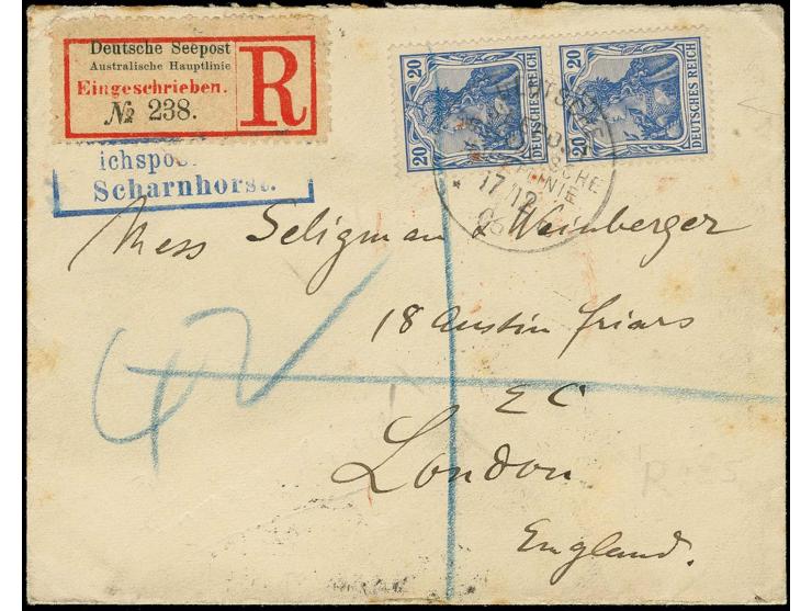 1906, "DSP AUSTRALISCHE HAUPTLINIE a 17.12.06" (D. Scharnhorst), recht klar auf R-Brief mit senkrechten Paar Germania 20 Pfg.