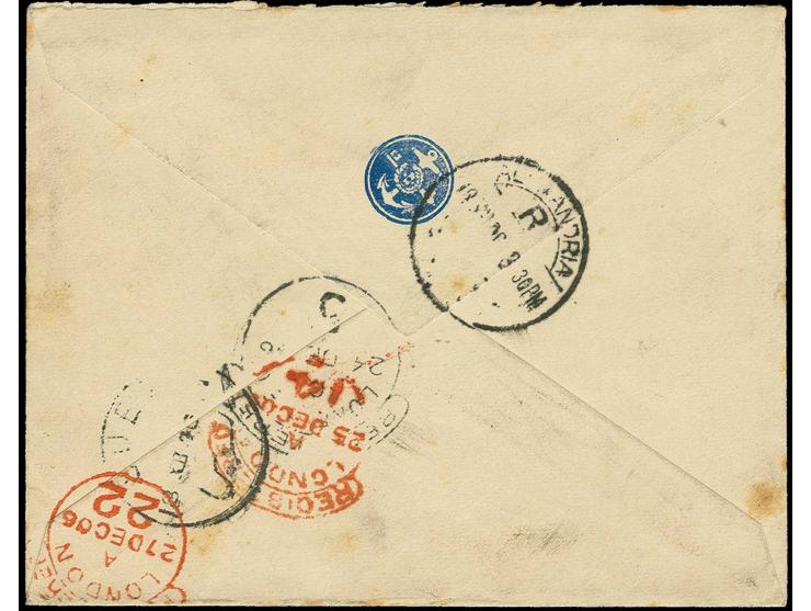 1906, "DSP AUSTRALISCHE HAUPTLINIE a 17.12.06" (D. Scharnhorst), recht klar auf R-Brief mit senkrechten Paar Germania 20 Pfg.
