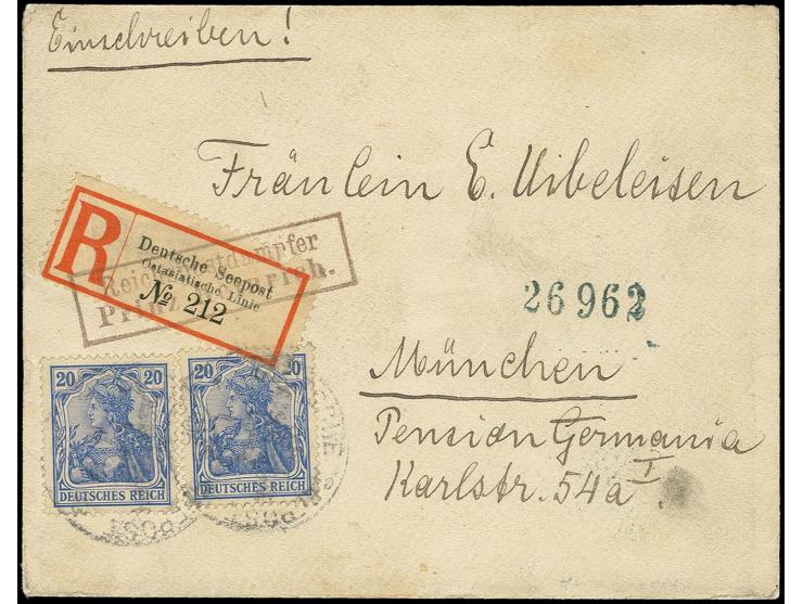 "DSP OST-ASIATISCHE LINIE e...06" (D. Prinz Heinrich), zwei undeutliche Abschläge auf R-Brief mit Germania 20 Pfg. (2), R-Zet