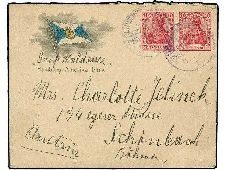 1912, "DSP LINIE HAMBURG-PHILADELPHIA I. 11.7.12" (D. Graf Waldersee), zweimal recht klar in violett als Entwerter auf HAPAG-
