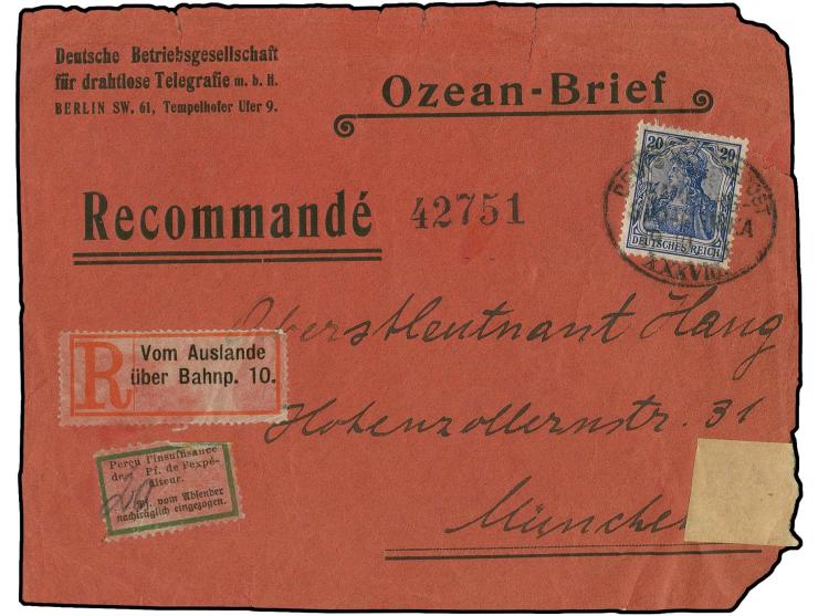 1913, "DSP LINIE HAMBURG-SÜDAMERIKA XXXVIII. 19.10.13" (D. Cap Vilano) auf Vorderseite eines R-Ozean-Briefes mit Unterfrankat