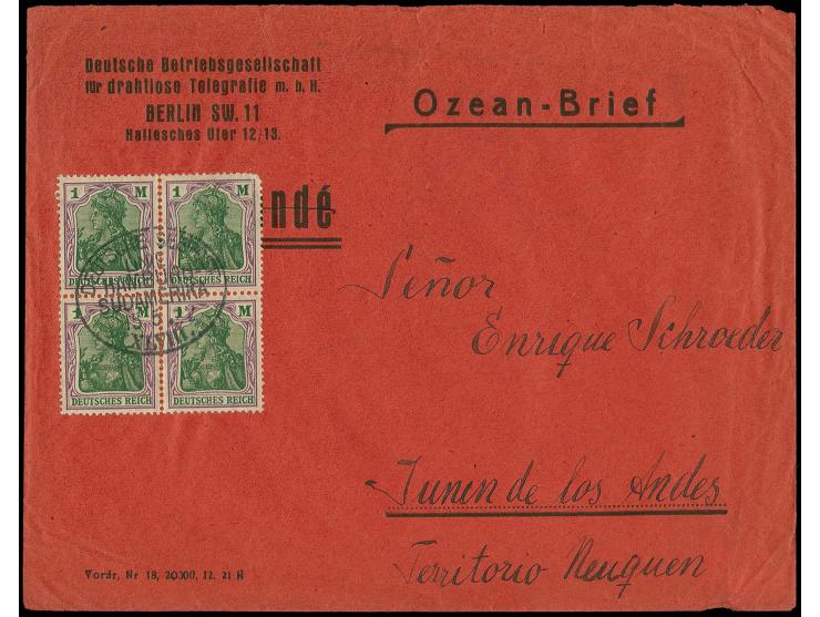 1922, "DSP LINIE HAMBURG-SÜDAMERIKA XLVIII. 15.5.22" (D. Cap Polonio), klar als Entwerter auf "Ozean-Brief" mit Viererblock G