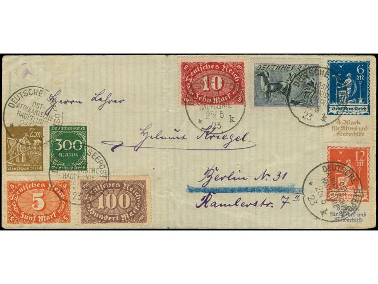 1923, "DSP OST-AFRIKANISCHE HAUPTLINIE k 25.5.23" (D. Tanganjika), mehrfach klar auf überfrankiertem Brief nach Berlin, Umsch
