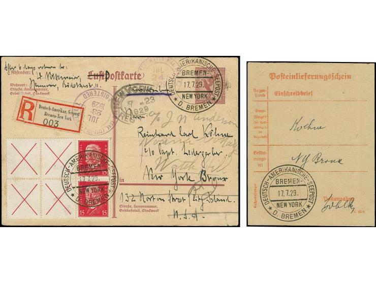 1929, "DSP BREMEN-NEW YORK D.BREMEN 17.7.29", zweimal klar R-Ganzsachenkarte Adler 15 Pfg. mit Zufrankatur und entsprechendem