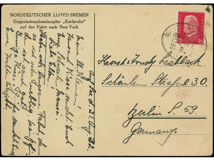 1932, "DSP LINIE BREMEN-CUBA a 21.8.32" (D. Karlsruhe), recht klar auf bedarfsgebrauchter Karte des Dampfer mit Reichspräside