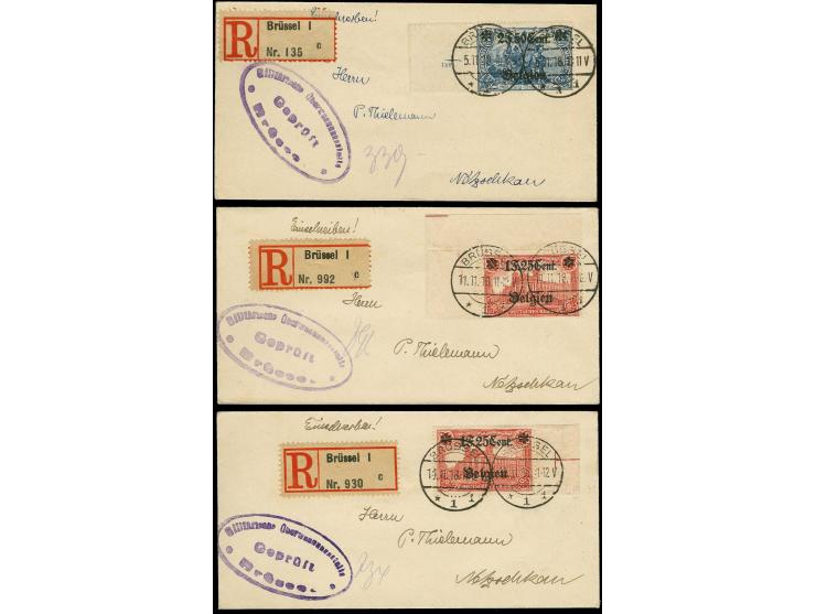 1916/18, 2 F. 50 C., linkes Randstück mit Passerkreuz und Plattennummer sowie 2 Stück 1 F. 25 C. vom Rand bzw. aus der Bogene