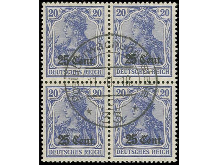 1916, 25 C. auf 20 Pfg. violettlblau im gestempelten Viererblock, Kabinett, Fotobefund Hey BPP