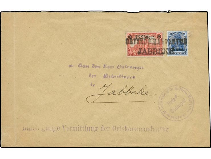 1 Fr. 25 C. auf 1 M. mit Wertangabe in der Sternlinie und 25 C. auf 20 Pfg. blau mit schwarzem L2 "ORTSKAMMANDATUR JABBECKE" 