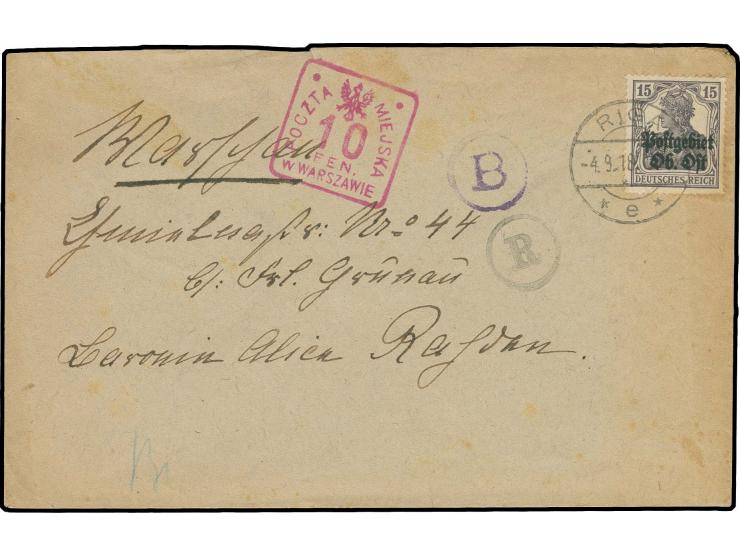 15 Pfg. schwärzlichviolett mit Stempel "RIGA -4.9.18" auf Brief nach Warschau mit Zensurstempel und Gebührenstempel Stadtpost