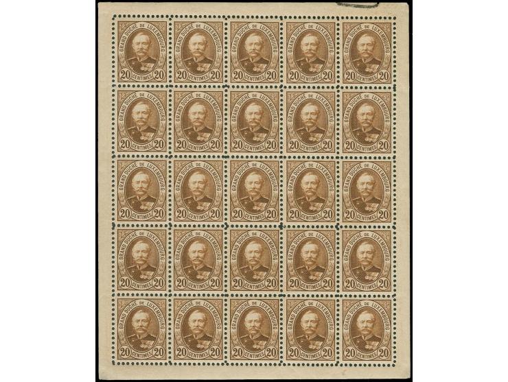 Unissued 20 c. brown in miniature sheet of 25 stamps; sheet margins cut to shape, hinge marks in the 4 corners, the stamps al