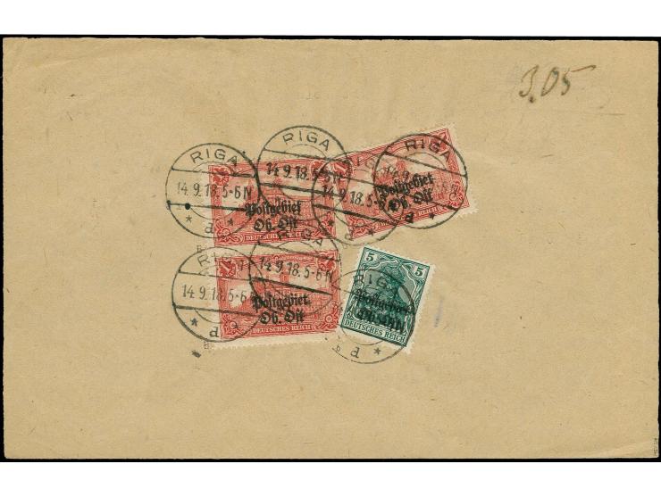 1 M. rot mit Zähnung 25:17, senkrechtes Paar und Einzelwert und 5 Pfg. mit rußigem Aufdruck, je mit Poststempel "RIGA 14.9.18