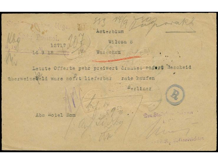 1 M. rot mit Zähnung 25:17, senkrechtes Paar und Einzelwert und 5 Pfg. mit rußigem Aufdruck, je mit Poststempel "RIGA 14.9.18
