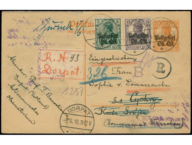 1916, Doppel-Ganzsachenkarte 7 1/2 Pfg. mit portogerechter Zufrankatur 15 Pfg. und 5 Pfg. als R-Karte von "DORPAT 4.5.16" mit