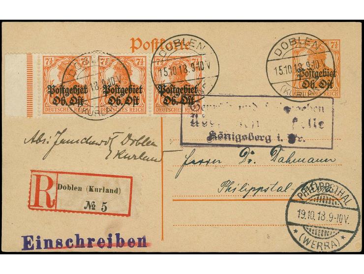 "DOBLEN (KURLAND) 15.10.18", mehrfach klar auf R-Ganzsachenkarte 7 1/2 Pfg. mit Zufrankatur waagerechter 3er-Streifen 7 1/2 P
