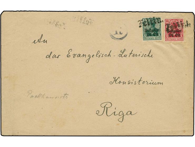 "Fellin", schwarzer L1 als Entwerter, 2 klare Abschläge auf Bedarfsbrief mit 5 Pfg. und 10 Pfg. nach Riga mit Zensur-K1 "R" u
