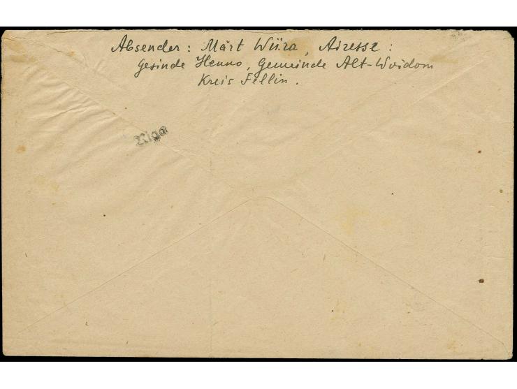 "Fellin", schwarzer L1 als Entwerter, 2 klare Abschläge auf Bedarfsbrief mit 5 Pfg. und 10 Pfg. nach Riga mit Zensur-K1 "R" u