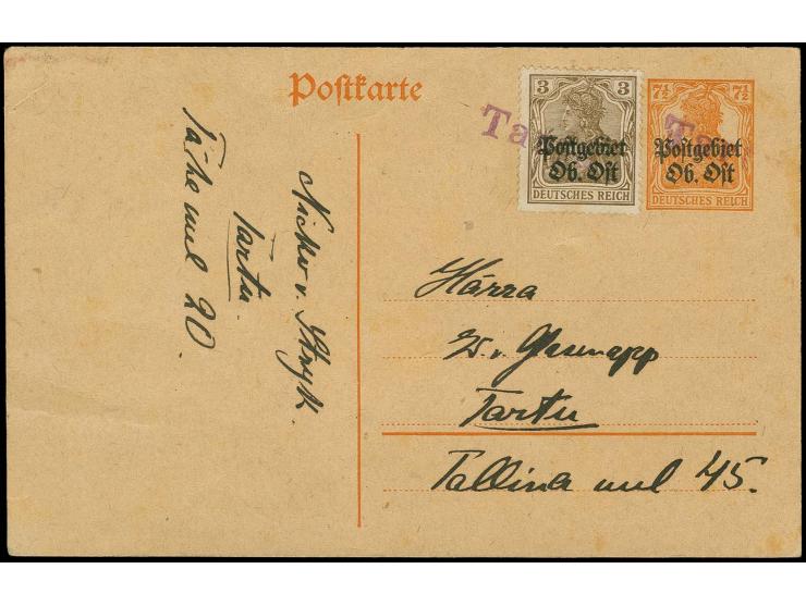 "Tartu", violetter L1, zweimal klar als Entwerter auf Ganzsachenkarte 7 1/2 Pfg. mit Zufrankatur 3 Pfg. als Ortskarte mit Tex