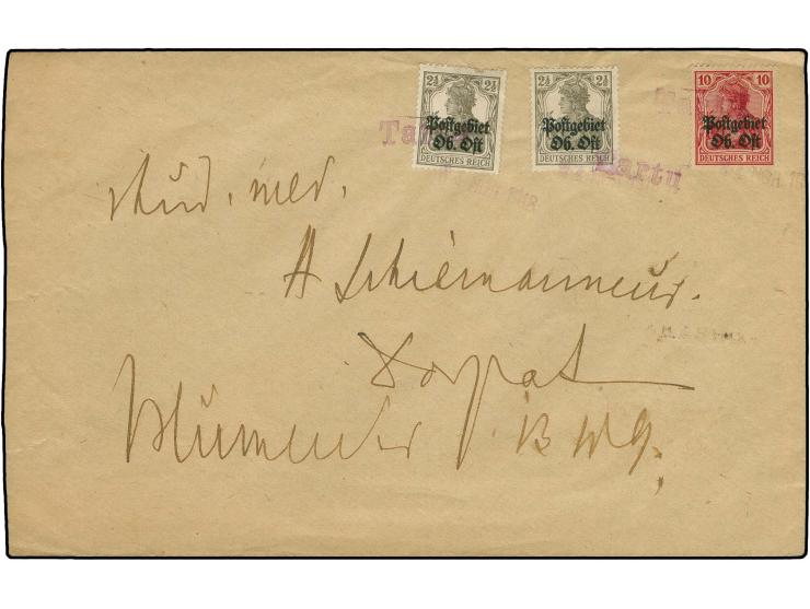 "Tartu", violetter L1 als Entwerter, mehrfach mit Datums-L1 "24.NOV.1918" auf Brief mit 10 Pfg. und 2 1/2 Pfg. (2) nach Dorpa