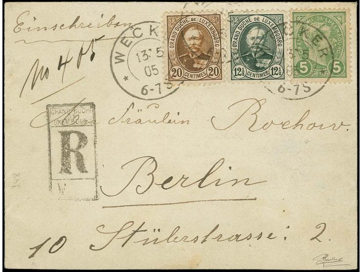 Unissued 20 c. brown with 12½ c. and 1895, 5 c. (tiny surface scrub) tied by cds. "WECKER 13/5 05" to registered envelope to 