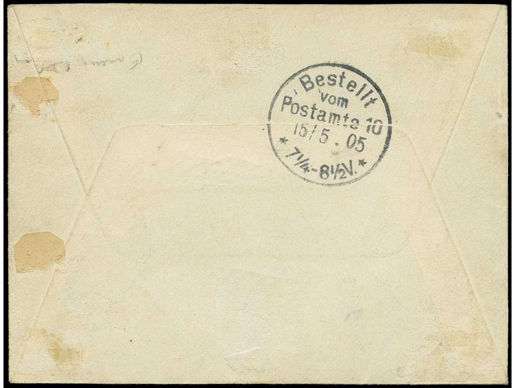 Unissued 20 c. brown with 12½ c. and 1895, 5 c. (tiny surface scrub) tied by cds. "WECKER 13/5 05" to registered envelope to 