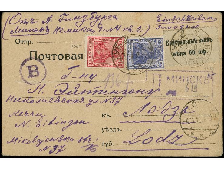1918, Gebührenmarke 60 K. mit Zufrankatur mit Stempel "MINSK 10 10 18" auf R-Karte nach Lodz, vorderseitig Zensur- sowie Anku