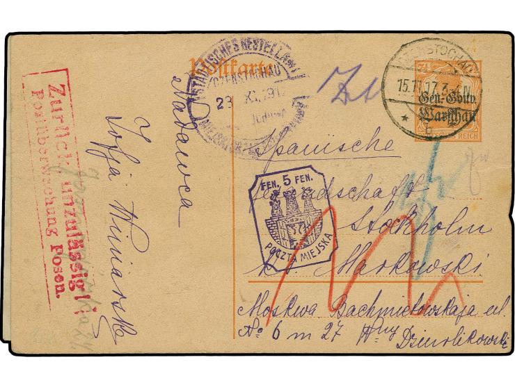 1917, Ganzsachenkarte 7 1/2 Pfg. bedarfsgebraucht von "CZENSTOCHAU 15.11.", adressiert an die spanische Gesandschaft in Stock
