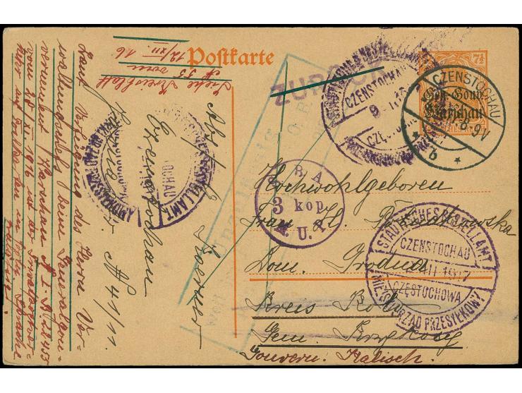 Czentochau: 1917, "S.B.A. 3 kop. M.U.P." - Zustell-Gebührenstempel klar auf Reotur-Ganzsachenkarte 7 1/2 Pfg. mit Aufgabestem