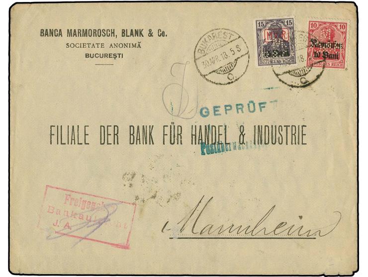 15 B. auf 15 Pfg. violett und 10 B. auf 10 Pfg. rot jeweils Firmenlochung "M. B &C." (= Banca Marmorosch, Blank & Co.) auf Vo