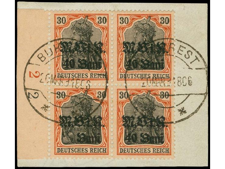 40 B. auf 30 Pfg. mit Abart "Aufdruck nur Bani, statt 40 Bani" mit Normalmarken im 4er-Block vom linken Bogenrand, gestempelt