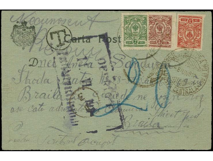 1917, rumänische Vordruckkarte mit russischer Frankatur und Stempel vom Militärischen Zensur-Hauptpostamt vom 8.6. via Bukare