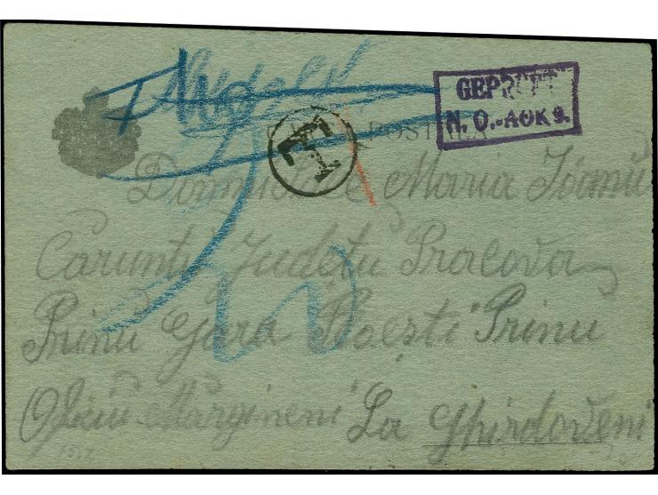 1918, unfrankierte Postkarte eines rumänischen Soldaten aus dem Moldau-Gebiet in das deutsch besetzte Landesteil mit Tax-Stem