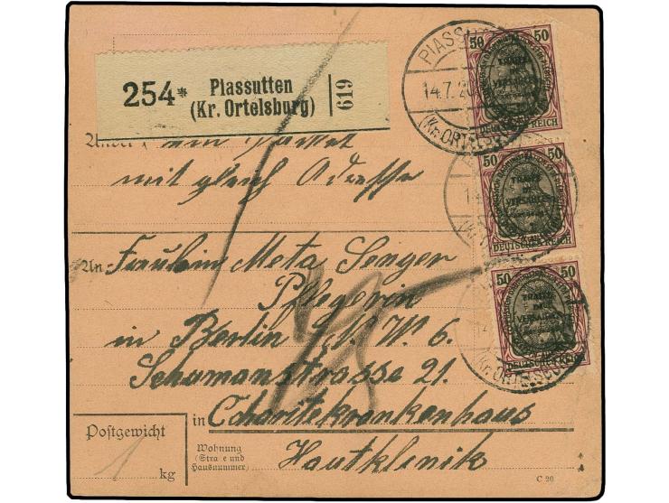 50 Pfg. im senkrechten Dreierstreifen und Einzelwert rückseitig mit Stempel "PIASUTTEN 14.7.20" auf Paketkarte nach Berlin, g
