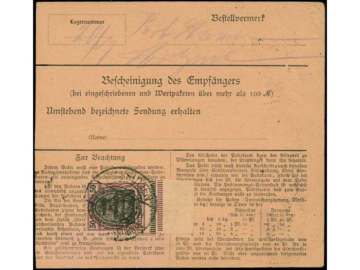 50 Pfg. im senkrechten Dreierstreifen und Einzelwert rückseitig mit Stempel "PIASUTTEN 14.7.20" auf Paketkarte nach Berlin, g