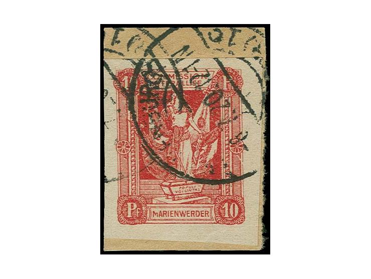1920, Sarg-Ausgabe 10 Pfg. ungezähnt mit Stempel "MARIENWERDER 6.7.20" auf Briefstück, tadellos, Fotoattest Klein BPP