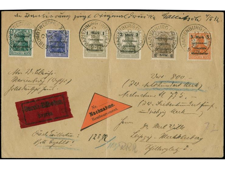 3 M. und 20 Pfg. mit kopfstehendem Aufdruck mit Zufrankatur mit Stempel "MARIENBURG 18 6 20" auf Eil-Nachnahme-Brief nach Lei