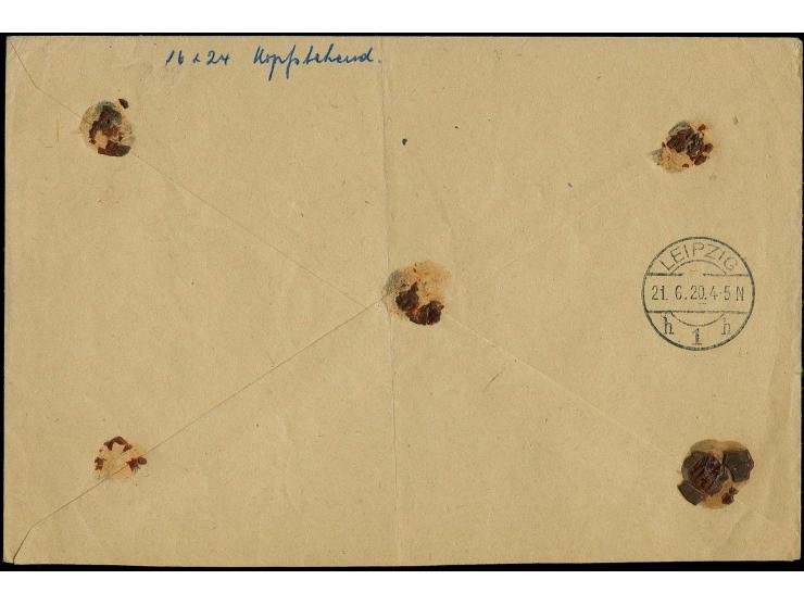 3 M. und 20 Pfg. mit kopfstehendem Aufdruck mit Zufrankatur mit Stempel "MARIENBURG 18 6 20" auf Eil-Nachnahme-Brief nach Lei