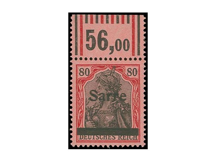 80 Pfg. mit Walzen-Oberrand, Feld 7 mit kleinem Aufdruckfehler "kleine Einkerbung in S links oben" (Saarhandbuch "G5"), postf
