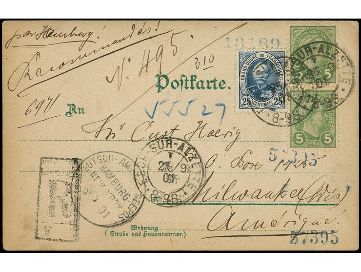 1891, Grand Duke Adolf 25 c. blue and vertical pair 5 c. green tied by cds. "ESCH-SUR-ALZEY 25.9.01" to registered card  with