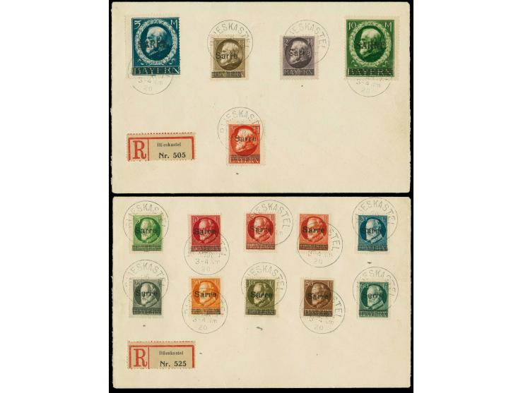 5 Pf.-10 M. kpl. mit sauberen Stempeln "BLIESKASTEL 26. MÄR. 20" auf 2 philatelistischen Umschlägen (zum sign. beidseitig geö