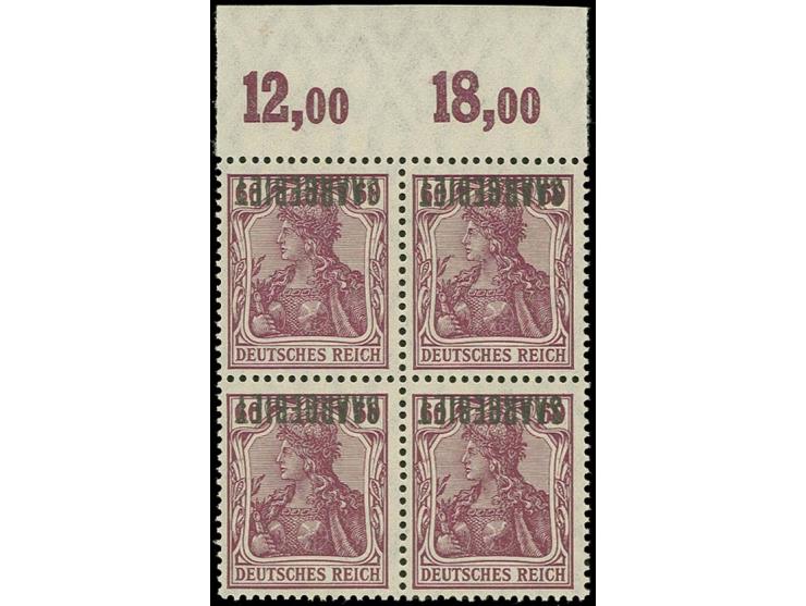 1920, Aufdruck "SAARGEBIET" 60 Pfg. mit kopfstehendem Aufdruck im 4er-Block vom oberen Bogenrand, postfrisch, sign. Burger BP